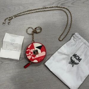 MCM Special Valentines Edition Round Heart Coin Pouch Keychain w Gold Chain